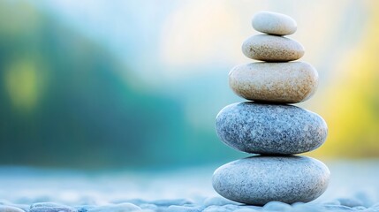 Leinwandbilder - Carefully Stacked Pebbles Creating a Tranquil and Balanced Scene on a Serene Background : Generative AI