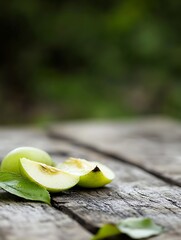 Aufkleber - Freshly sliced green apple resting on an old wooden table in a vibrant natural setting : Generative AI
