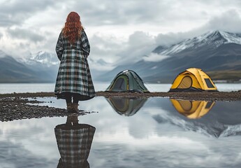 Wall Mural - A woman with red hair in an oversized flannel dress stands on the shore