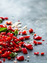 Poster - Colorful chopped tomatoes scattered on a dark stone surface ready for a fresh culinary creation : Generative AI