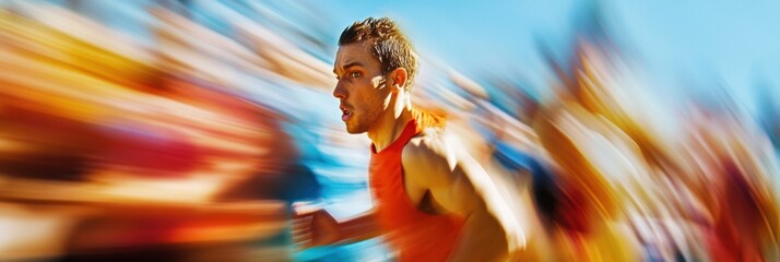 Poster - Runner transforms from tired competitor at start line to strong victor in exhilarating motion blur after challenging race. Generative AI