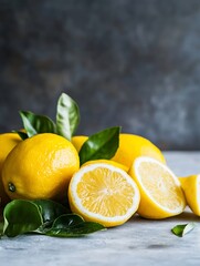 Poster - Fresh and juicy lemons with green leaves arranged beautifully on a rustic table : Generative AI