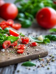 Poster - Fresh Cherry Tomatoes on a Wooden Cutting Board Surrounded by Aromatic Ingredients and Herbs : Generative AI