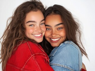 Wall Mural - Two happy, beautiful models wearing red under a denim jacket, against a white background