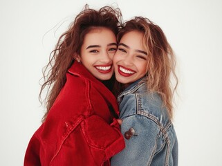 Wall Mural - Two beautiful, happy, and smiling young women, friends in red , hugging under a denim jacket, isolated on a white background.