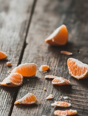Poster - Tropical Orange Segments Artfully Arranged Over a Wooden Table Surrounded by Natural Beauty : Generative AI