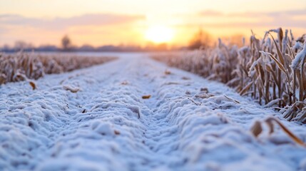 Aufkleber - Serene winter landscape with snowcovered fields and a beautiful sunset illuminating the horizon : Generative AI