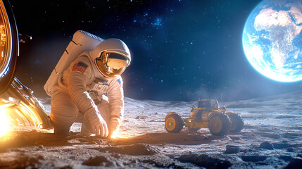 Wall Mural - an astronaut kneels on the lunar surface, inspecting a small rover while earth looms brightly in the