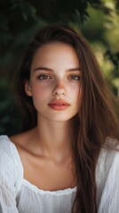 Poster - Young woman with long hair and natural beauty in soft light surrounded by greenery. Generative AI