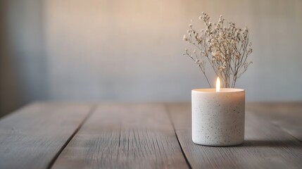 Poster - Elegant candle with dried flowers creating a serene atmosphere on wooden table : Generative AI