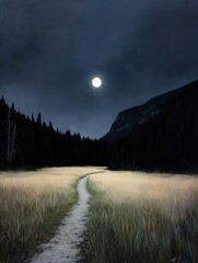 Aufkleber - Serene Moonlit Night Landscape Featuring a Pathway Surrounded by Mountain and Trees : Generative AI