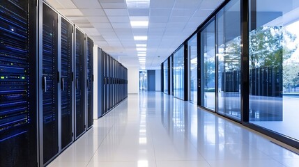 Fototapete - Sleek and modern data center corridor featuring rows of servers and large glass walls for enhanced visibility : Generative AI