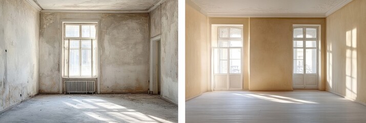 Poster - Transformation of a dilapidated apartment into a bright, modern living space with stunning interior design. Generative AI