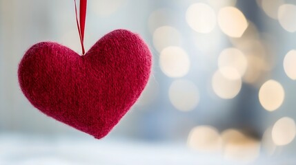 Poster - Beautiful handmade red felt heart ornament hanging gracefully in a softly lit cozy environment : Generative AI