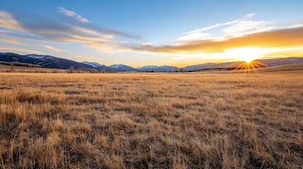 Aufkleber - Breathtaking sunset over a golden dry field with distant mountains painting the sky in vibrant colors : Generative AI