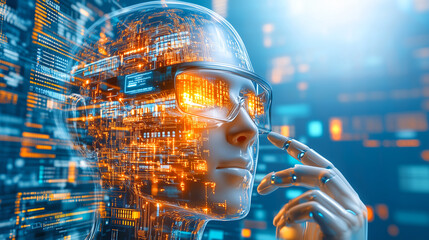 Wall Mural - a digital representation of a humanoid figure is seen wearing augmented reality glasses