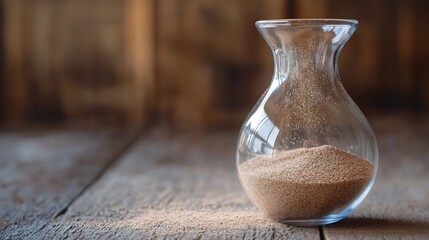 Aufkleber - CloseUp of a Glass Object Filled with Fine Sand on a Wooden Table Surrounded by Soft Natural Light : Generative AI