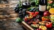 © artchvit - Farm-to-table cuisine ensures fresh quality. Colorful grilled vegetables and fruits with wine on a wooden table.