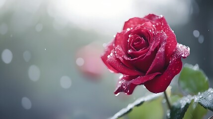 Poster - Beautiful DewKissed Red Rose Blooming with Water Drops in Soft Natural Light : Generative AI