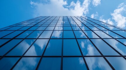 Aufkleber - Stunning perspective of a tall modern building with clouds reflecting in glass : Generative AI
