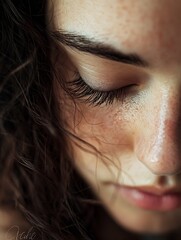 Poster - Close up view of a woman with beautiful skin and long eyelashes emphasizing natural beauty and serenity : Generative AI