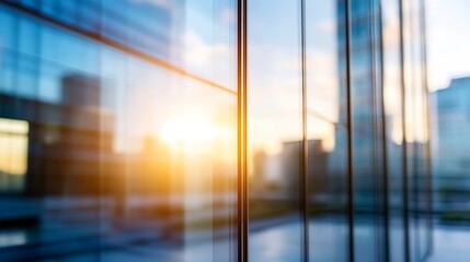 Poster - Modern city skyline reflecting in glass windows with a beautiful sunset in the background : Generative AI