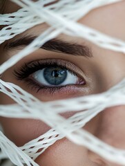 Poster - Beautiful Close Up of a Woman's Eye Framed by Intricate White Threads for a Unique Artistic Effect : Generative AI