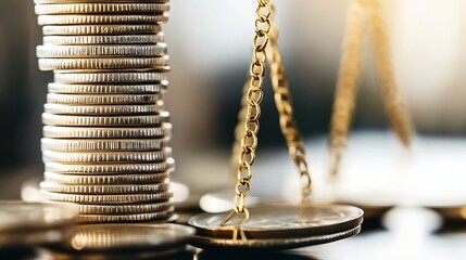 Aufkleber - Stacks of coins balanced on scale symbolizing finance and growth : Generative AI