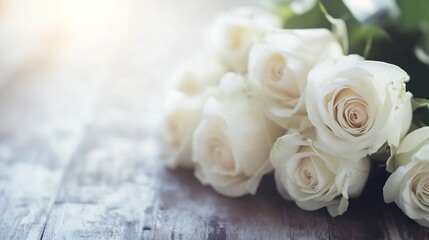 Poster - Elegant bouquet of fresh white roses beautifully arranged on a rustic wooden surface bathed in soft light : Generative AI