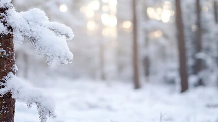 Aufkleber - A snowcovered branch glistening in the gentle light of morning winter forest environment : Generative AI