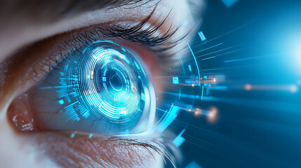 Wall Mural - a close-up view of a human eye integrated with digital technology, showcasing glowing data patterns 