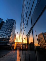 Fototapete - Sunset Reflection Captured in Glass Facades of Modern Architecture Against the Evening Sky : Generative AI