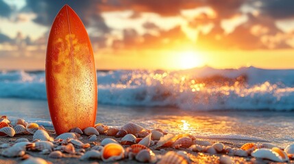 Poster - Orange surfboard on beach at sunrise with seashells