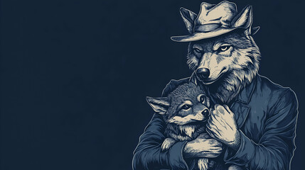  Happy Fathers Day Poster. Dad Wolf and baby Wolf. Space for writing.