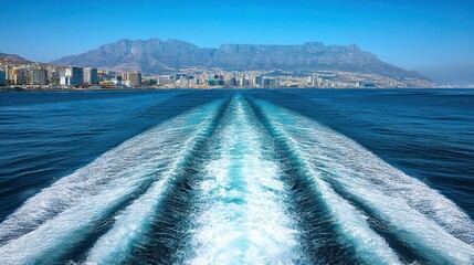 Poster - Ocean wake, boat trail, cityscape, Table Mountain backdrop, scenic view