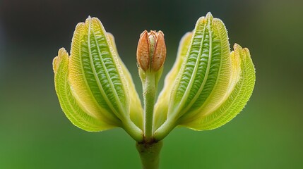 Poster - Close up of beautiful young green chestnut leaves that have opened like a fan against a blurred green background