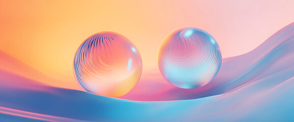 Wall Mural - Abstract image of glass spheres with colorful gradient lighting on a soft, smooth surface, symbolizing elegance, modernity, and tranquility in a contemporary art style.