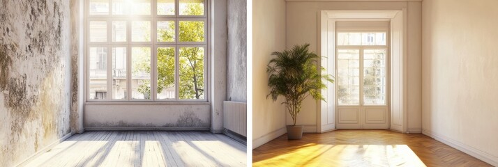 Aufkleber - Transformation of an old run down apartment into a bright and modern living space showcasing stunning interior design. Generative AI