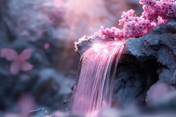 Poster - A surreal waterfall cascades with shimmering golden water, surrounded by vibrant pink and purple flowers. Soft-focus light creates a glowing atmosphere in this enchanting spring landscape