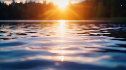 Aufkleber - Gentle ripples on a lake's surface reflecting golden sunlight and creating a calming sunset ambience : Generative AI