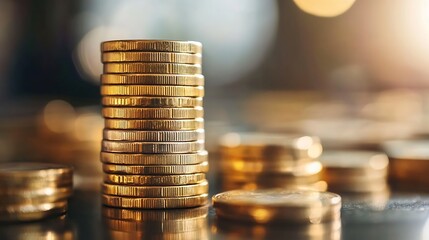Aufkleber - Stack of shiny golden coins reflecting light creating an impressive financial image : Generative AI