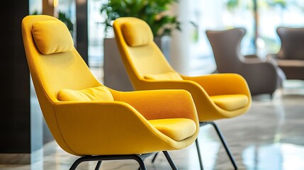 Poster - Close up shot of three relaxing armchair with a yellow cushion at spa waiting room