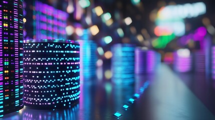 Poster - Vibrant futuristic cityscape featuring neon glowing colorful lights and digital elements reflecting on surfaces : Generative AI