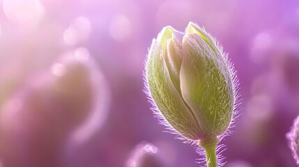 Poster - Closeup of an unopened green poppy bud with fine hairs on a soft purple blurred background