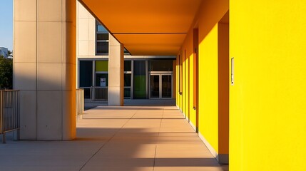 Poster - Vibrant Architectural Detail of a Yellow Building Corridor Under Bright Daylight : Generative AI