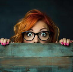 Wall Mural - A funny young woman with red hair and black glasses, wearing a Santa Claus hat, is peeking from behind a wooden sign board