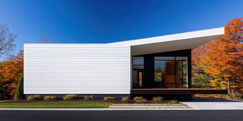 White siding with parallel lines and slight texture, paired with a flat rubber roof, creating a low-maintenance, modern look with clean lines.