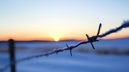 Aufkleber - Frosted barbed wire in a snowy landscape during a beautiful sunrise moment : Generative AI