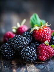 Poster - Freshly Picked Berries Including Raspberries and Blackberries on a Wooden Surface : Generative AI