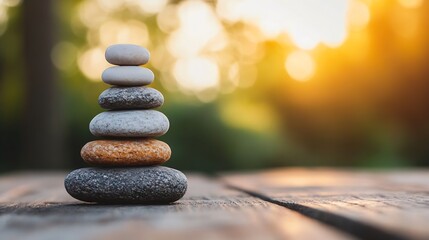 Fototapete - Stacked Stones On Wooden Table At Sunset Highlighting Balance And Tranquility In Nature : Generative AI